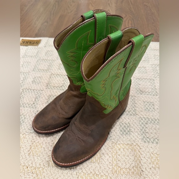 Justin Boots women’s Vibrant Green and Rich Brown Western Boots size 7 (5) - Picture 3 of 11